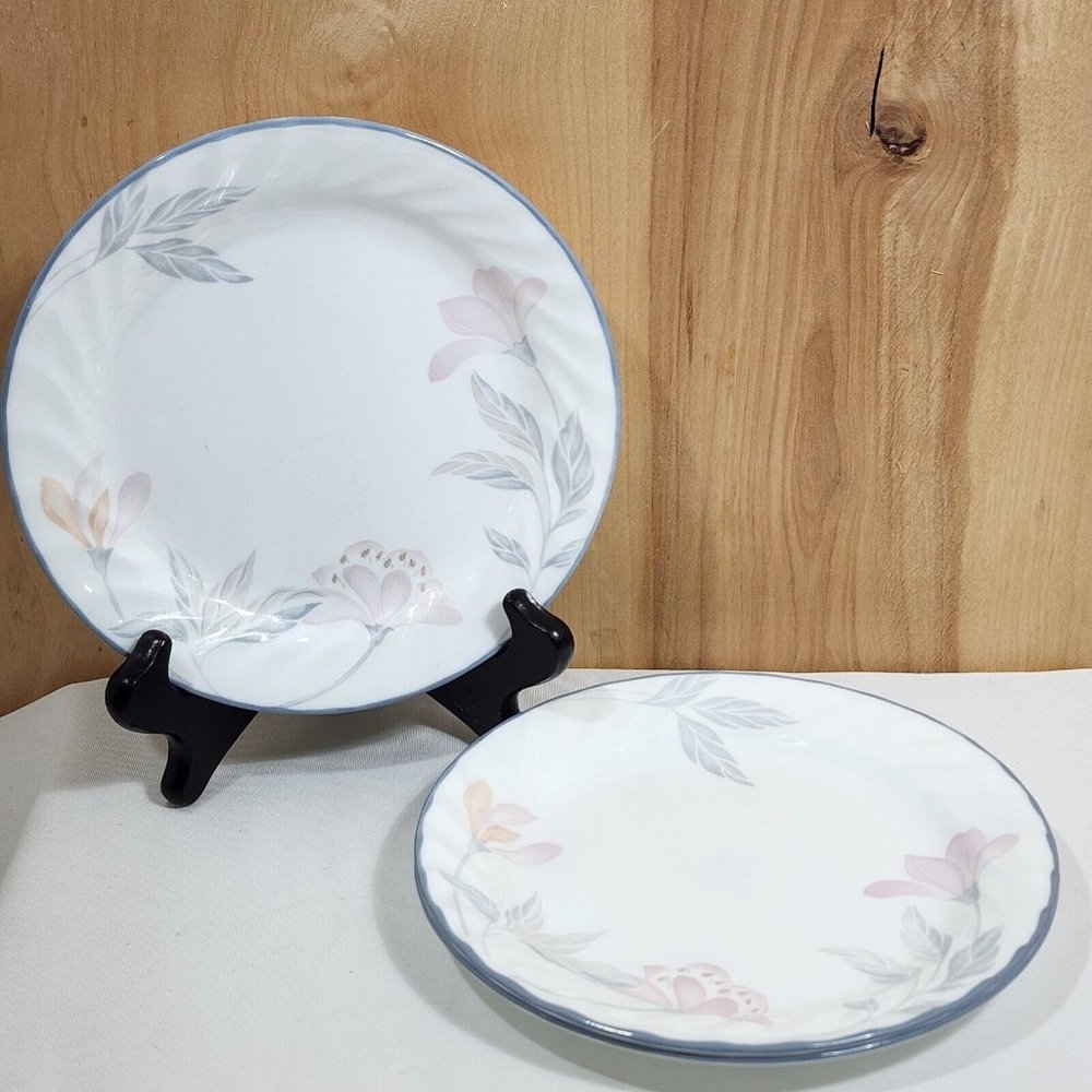 3 Corelle Pink Trio Salad Bread Dessert Plates white swirl blue band floral 7"